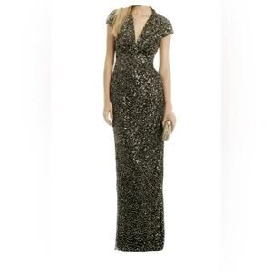 Nicole Miller Midnight Sequin Stars Mesh Overlay V-Neck Cap Sleeve Gown Size 6